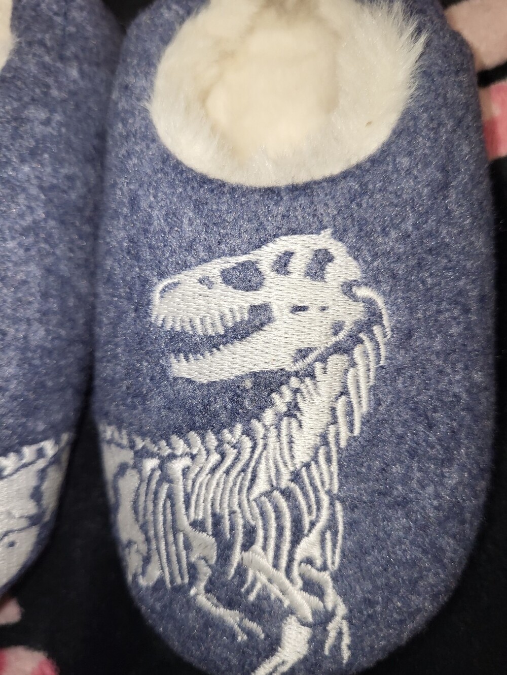 Joules Navy Blue Dino Footie Slippers with Cream Plush Lining - Picture 2 of 4